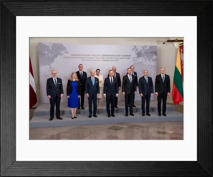 Framed Print : President Joe Biden poses with Bucharest Nine heads of state and Secretary General of NATO, Jens Stoltenberg, Feb. 22, 2023, in Warsaw, Poland