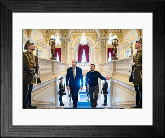 Framed Print : President Joe Biden meets with Ukrainian President Volodymyr Zelenskyy at Mariinsky Palace, Feb. 20, 2023, during an unannounced trip to Kyiv, Ukraine