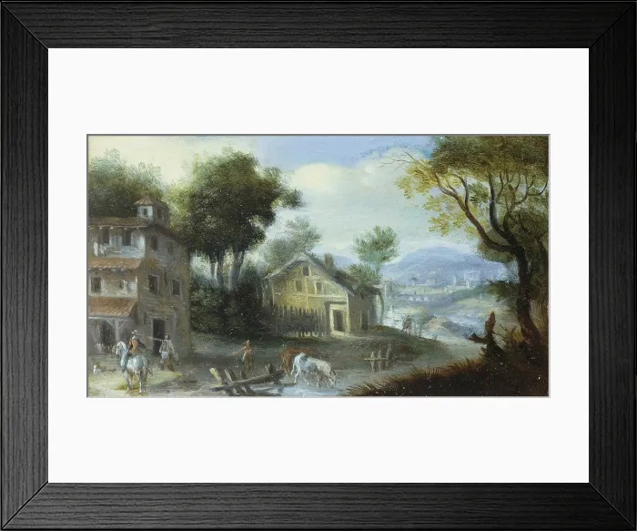 Framed Print : Rural Landscape, by Unknown Flemish artist, 1650 - 1700 circa, 17th Century, oil on copper, 11 x 20 cm - Italy, Lombardy, Milan, Castello Sforzesco