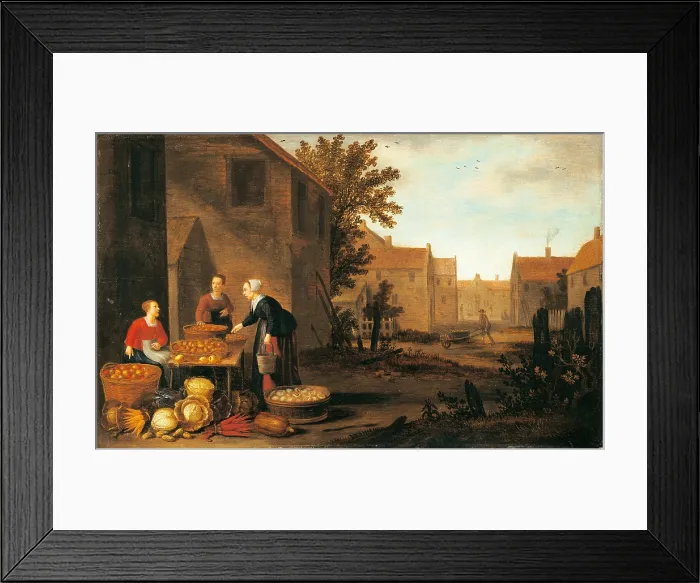 Framed Print : Street View with Woman Selling Fruit and Vegetables, by Floris Gerritsz van Schooten, ca