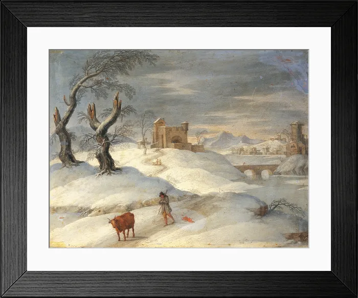 Framed Print : Winter Landscape, by Unknown Italian artist, 18th Century, oil on copper, 18.5 x 22.5 cm - Italy, Lombardy, Milan, Castello Sforzesco, Civic Collections of Ancient Art