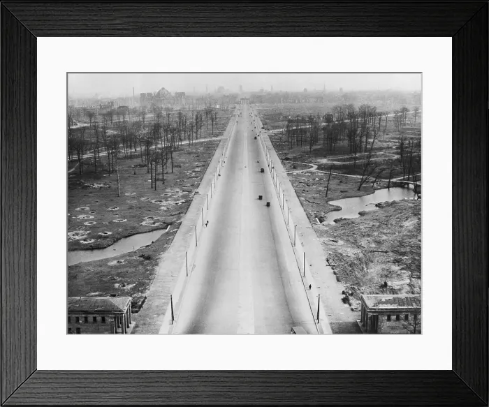 Framed Print : Tiergarten Park and the boulevard leading to the Brandenburg Gate after World War 2. The landscape is filled with bomb craters from the war. Berlin, Germany. Ca. 1945-46