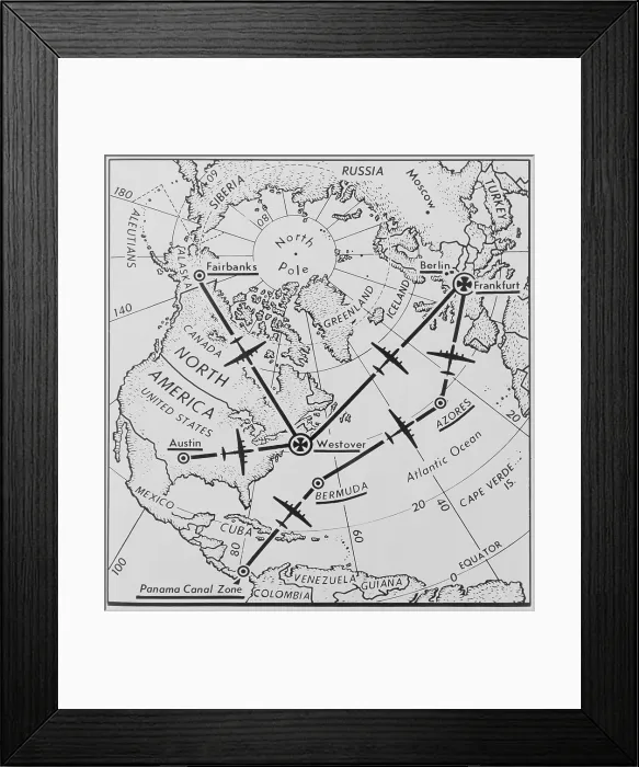 Framed Print : Routes of U.S. Air Force C-54 Flying Boxcars from the North America to Frankfurt, Germany