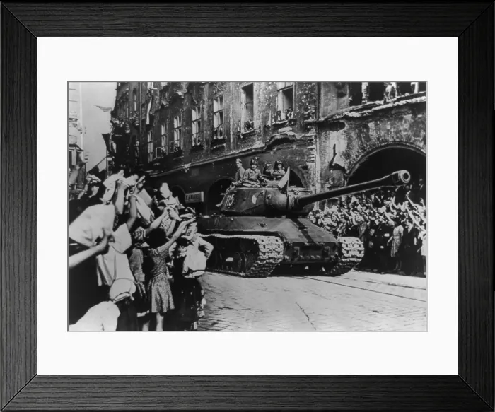 Framed Print : Crowd cheering arrival of liberating Soviet troops in a tank, Prague, Czechoslovakia. May 9, 1945. - (BSLOC_2014_15_247)