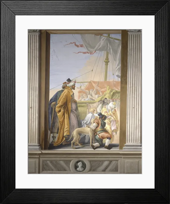 Framed Print : Group of Merchants with a Dog and a Ship on the Background (Gruppo di mercanti con cane e nave sullo sfondo), by Giovanni Scajaro, 1779, 18th Century, fresco - Italy, Veneto
