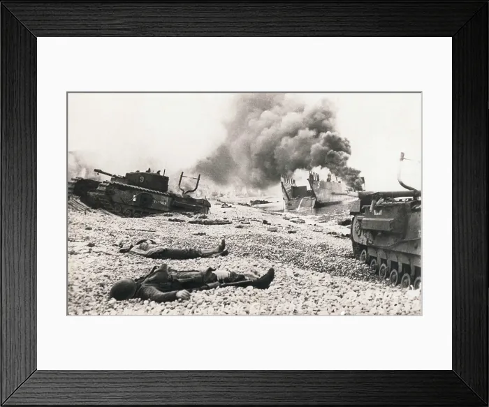 Framed Print : Aftermath of the Dieppe Raid of August 19, 1943. Bodies of Canadian soldiers lying among wrecked landing craft and Churchill tanks following Operation Jubilee