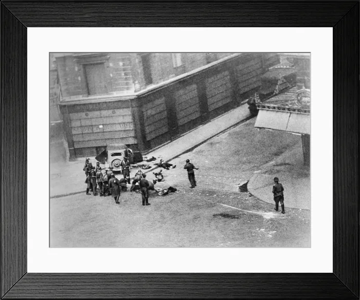 Framed Print : Executed French partisans lying on a city street, surrounded by German soldiers. The FFI (French Forces of the Interior) were killed at an unidentified location, ca. 1944