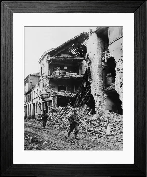 Framed Print : Two U.S. soldiers searching for snipers near in Linnich, Germany. Dec. 1944. World War 2. (BSLOC_2014_8_61) Framed Print : Two U.S. soldiers searching for snipers near in Linnich, Germany. Dec. 1944. World War 2. (BSLOC_2014_8_61)