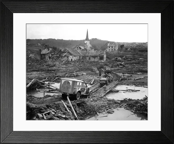 Framed Print : U.S. ambulance in a battle scared landscape near Lunebach, Germany, March 1944