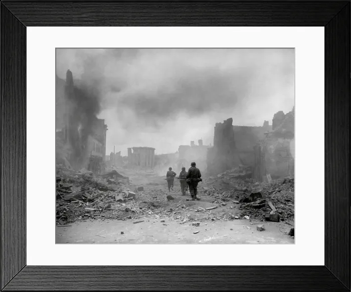 Framed Print : U.S. 3rd Division infantrymen searching for snipers in the smoldering city of Zweibrucken, Germany. March 20, 1945. World War 2. (BSLOC_2014_8_65) Framed Print : U.S. 3rd Division infantrymen searching for snipers in the smoldering city of Zweibrucken, Germany. March 20, 1945. World War 2. (BSLOC_2014_8_65)