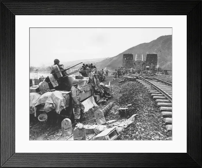 Framed Print : Ludendorff bridge at Remagen after its capture on March 7, 1945. U.S. 1st Army troops crossed the Rhine into Germany, gaining the first Allied foothold east of the Rhine Framed Print : Ludendorff bridge at Remagen after its capture on March 7, 1945. U.S. 1st Army troops crossed the Rhine into Germany, gaining the first Allied foothold east of the Rhine