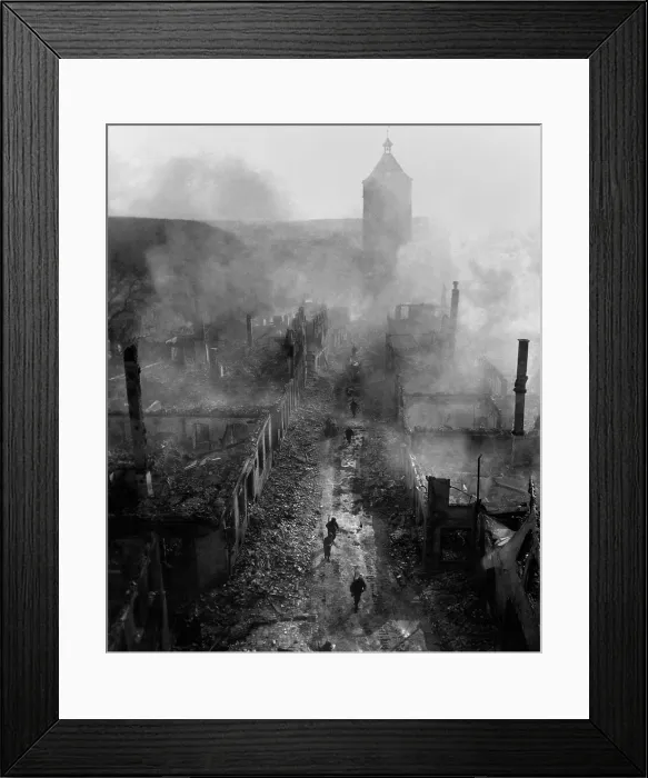 Framed Print : U.S. infantrymen move down a street in Waldenburg during the 7th Army advance. To drive out Wehrmacht die-hards, the U.S. artillery devastated the historic town