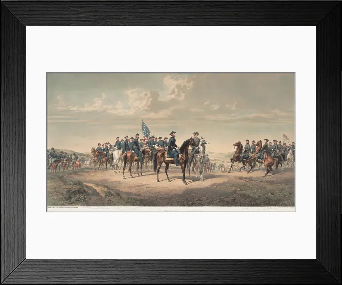 Framed Print : US Civil War. General Lee and Grant with their staffs, meet near Appomattox Courthouse, Virginia, on April 10, 1865, the morning following the surrender Framed Print : US Civil War. General Lee and Grant with their staffs, meet near Appomattox Courthouse, Virginia, on April 10, 1865, the morning following the surrender