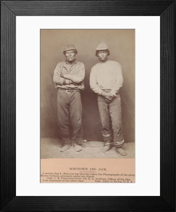 Framed Print : Captain Jack and John Schonchin, as prisoners of the US Army in 1873, were accused of war crimes. After a military trial, both were found guilty and hanged at Fort Klamath on Oct