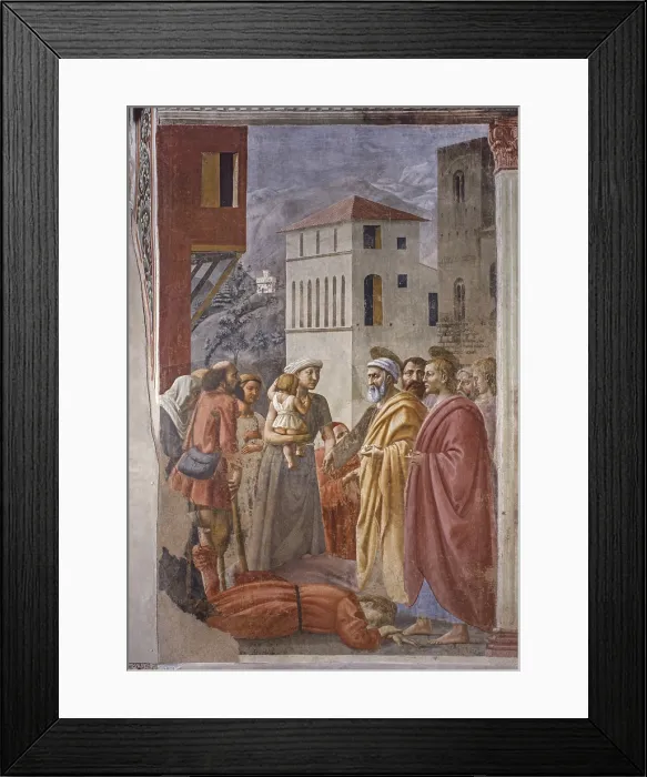 Framed Print : Distribution of Alms and Death of Ananias (Distribuzione delle elemosine e morte di Anania), by Masaccio, 1425-1428, 15th Century, fresco, 230 x 170 cm - Italy, Tuscany, Florence