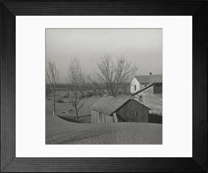 Framed Print : Soil blown by dust bowl winds piled up in large drifts on a Kansas farm. March 1936. Photo by Arthur Rothstein. - (BSLOC_2015_1_210)
