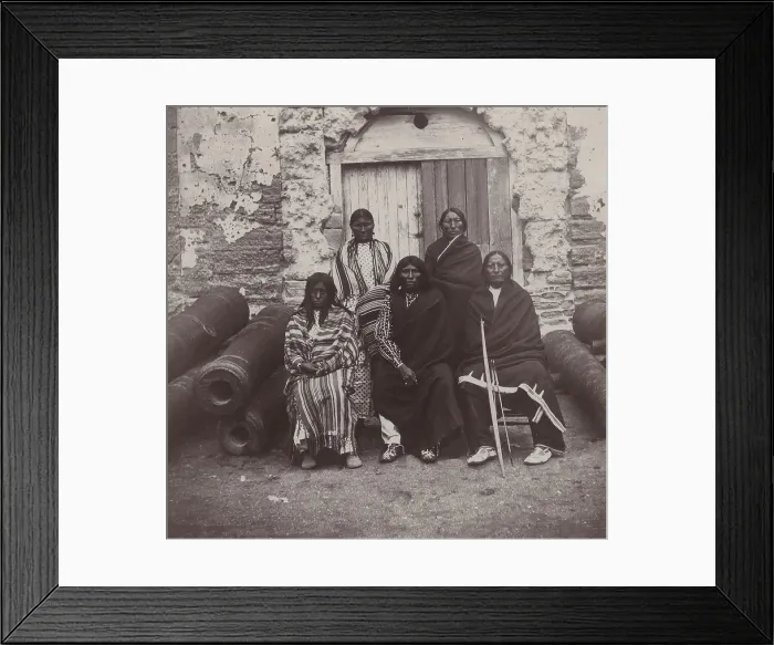 Framed Print : Some of the most celebrated Indian chiefs and the two women confined in the old Spanish fort as prisoners of war. Seated, L-R: Mrs. Black Horse, Black Horse, Menimic