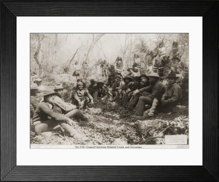 Framed Print : The peace Council between Geronimo (in bandana) and General Crook (in pith helmet) hold a peace council at a campsite in Canyon de Los Embudos, Mexico, March 25, 1886