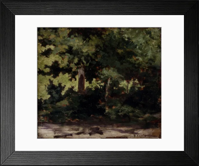 Framed Print : Landscape (Paesaggio), by Demetrio Cosola, 1885 - 1895, 19th Century, oil on board - Private collection. Whole artwork view. Wooded landscape with trees, leaves and trunks