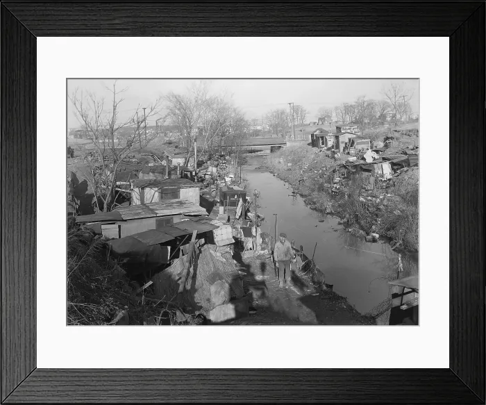 Framed Print : Bachelor shacks in outskirts of Paterson, N.J. 1936. Homes of about 25 men, some of them unemployed silk mill workers