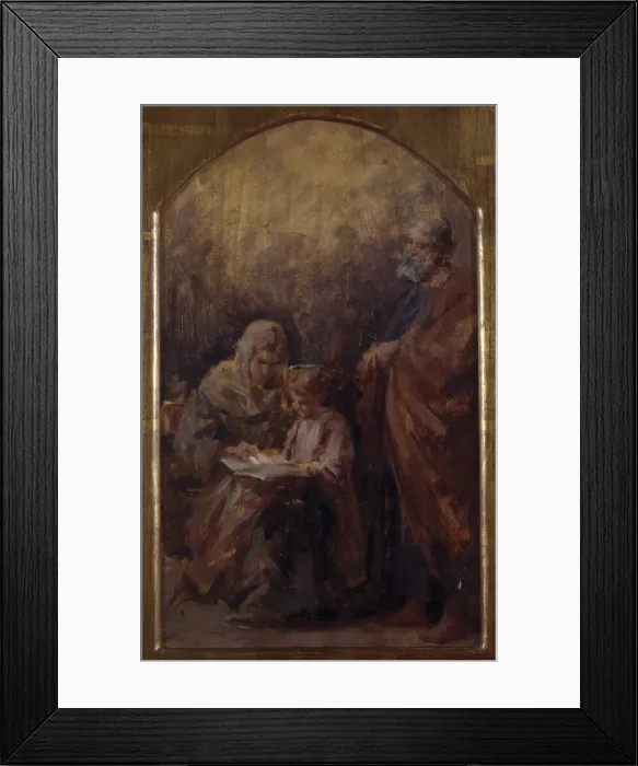 Framed Print : Holy Family, by Demetrio Cosola, 1870 - 1895, 19th Century, oil on board - Private Collection. Whole artwork view. Maria is teaching Baby Jesus to read, as Joseph look at them Framed Print : Holy Family, by Demetrio Cosola, 1870 - 1895, 19th Century, oil on board - Private Collection. Whole artwork view. Maria is teaching Baby Jesus to read, as Joseph look at them