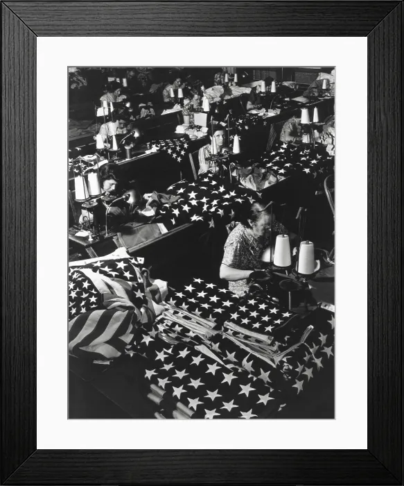 Framed Print : Women sewing American Flags in Brooklyn, New York City on July 24, 1940. Photo from the Records of Naval Districts and Shore Establishments, by Margaret Bourke-White