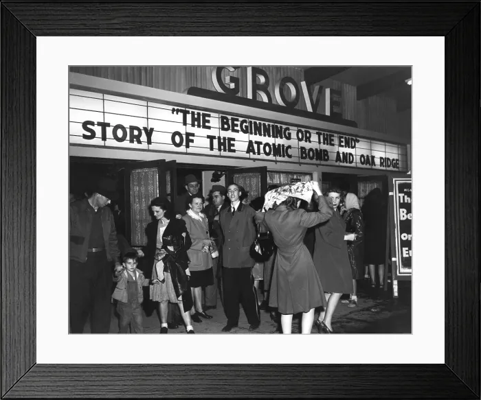 Framed Print : Movie theater marque announcing a movie, The Beginning or the End. Story of the Atomic Bomb and Oak Ridge Framed Print : Movie theater marque announcing a movie, The Beginning or the End. Story of the Atomic Bomb and Oak Ridge