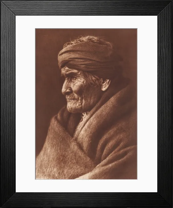 Framed Print : GERONIMO-APACHE, 1907, photogravure by Edward Curtis. The photo was taken when the Chiricahua Apache warrior was about 78 years old (BSLOC_2019_9_134)