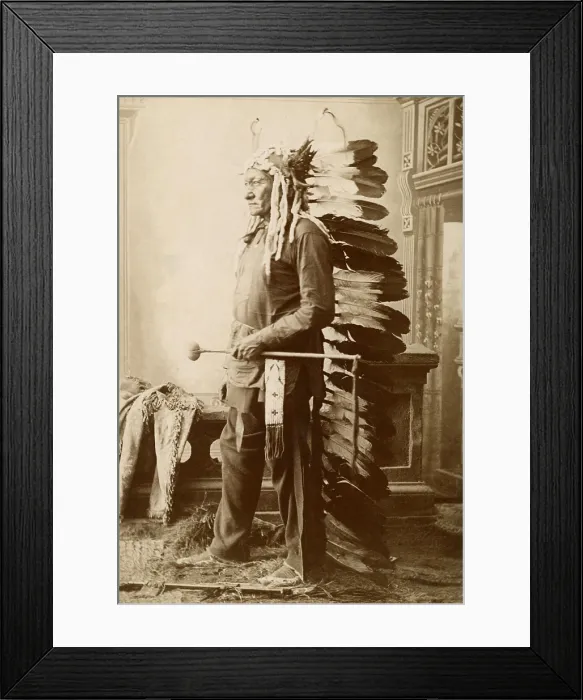 Framed Print : Sitting Bull, 1888, studio photo by David Francis Barry. The 56-58 year-old warrior wears a long, feathered headdress and holds a war club (BSLOC_2019_9_128)