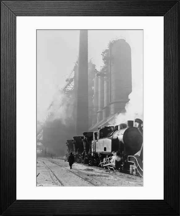 Framed Print : Locomotive hauling pig iron at the blast-furnace of the Stalin Metallurgical Works. Kuznetsk, Russia, 1955. - (BSLOC_2014_15_256)