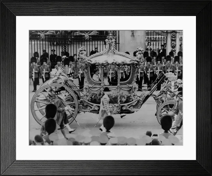 Framed Print : Queen Elizabeth II riding in the Gold State Coach enroute to her coronation. June 6, 1953. - (BSLOC_2014_15_259) Framed Print : Queen Elizabeth II riding in the Gold State Coach enroute to her coronation. June 6, 1953. - (BSLOC_2014_15_259)