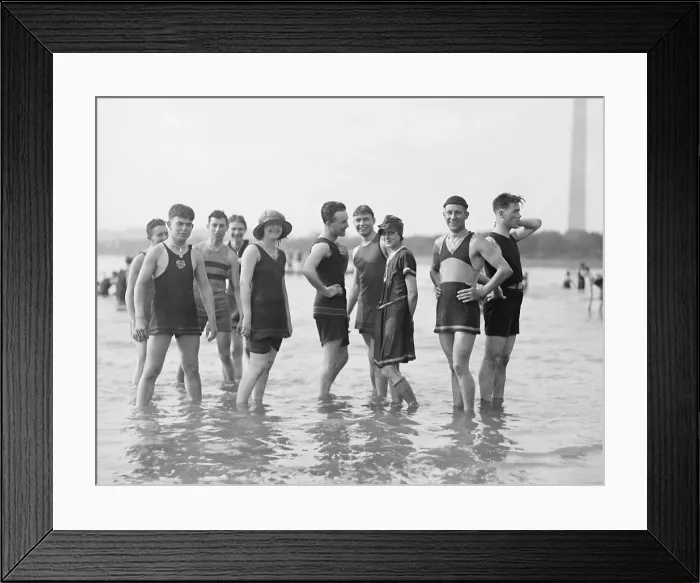 Framed Print : Bathing fashions in the 1910s. Men were required to wear tank tops for coverage of their nipples at the beach. Washington, D.C. 1912-1920 (BSLOC_2016_8_94)