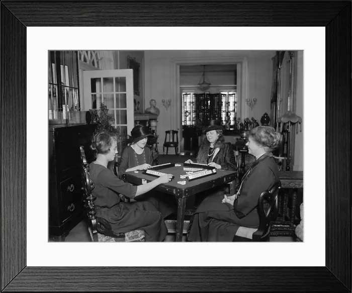 Framed Print : Four women playing Mah Jong, Dec. 30, 1922, in Washington, D.C. The first Mahjong sets sold in the U.S. were sold by Abercrombie & Fitch starting in 1920 (BSLOC_2016_8_99)