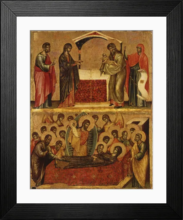 Framed Print : Presentation at the Temple and the death of the Virgin, by Paolo Veneziano, 1333 ca. 14th Century, board - Italy, Veneto, Venice, Church of Saint Pantaleone. Whole artwork view Framed Print : Presentation at the Temple and the death of the Virgin, by Paolo Veneziano, 1333 ca. 14th Century, board - Italy, Veneto, Venice, Church of Saint Pantaleone. Whole artwork view