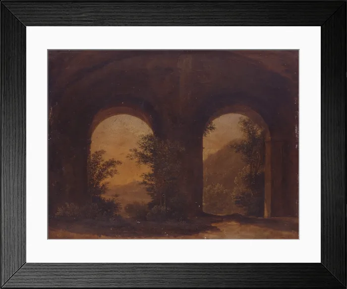 Framed Print : Landscape Seen Through the Arches of an Old Building (Paesaggio visto attraverso gli archi di un antico edificio), by unknown artist, about 18th century, oil on oak panel - Italy