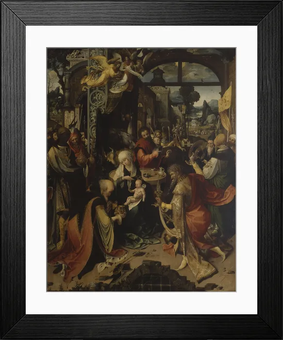 Framed Print : Adoration of the Magi, the Nativity, Rest on the Flight into Egypt (Aanbidding van de koningen, de Geboortekerk, Rust op de vlucht naar Egypte), by Jan de Beer, c.1515-1520