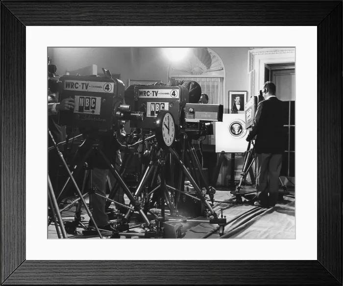 Framed Print : Television cameras at an event at the White House. July 25, 1955. President Eisenhower addressed the nation of the Big Four Conference at Geneva Framed Print : Television cameras at an event at the White House. July 25, 1955. President Eisenhower addressed the nation of the Big Four Conference at Geneva