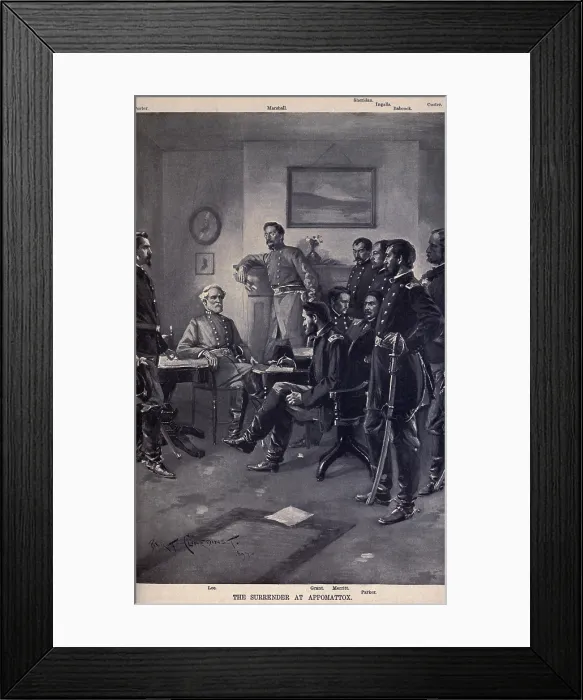 Framed Print : US Civil War. Surrender at Appomattox. Conjectural image of the surrender signing in the parlor of the McLean House, April 9, 1865. Left to right: Horace Porter; Robert E Framed Print : US Civil War. Surrender at Appomattox. Conjectural image of the surrender signing in the parlor of the McLean House, April 9, 1865. Left to right: Horace Porter; Robert E