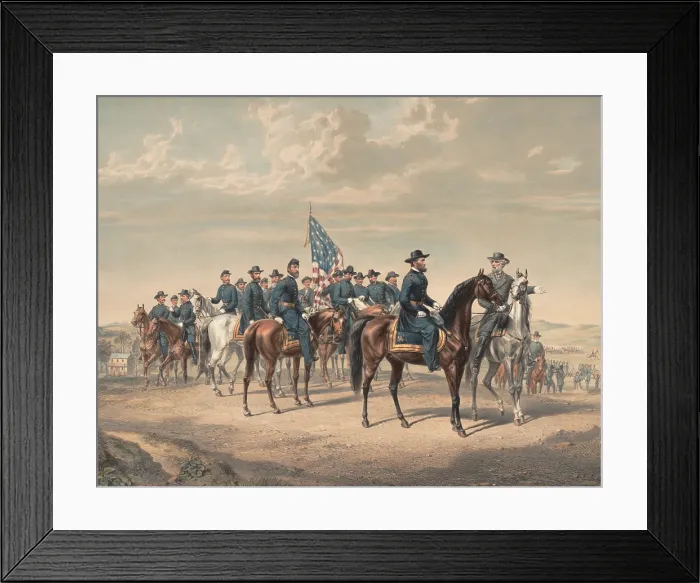 Framed Print : US Civil War. General Lee and Grant with their staffs, meet near Appomattox Courthouse, Virginia, on April 10, 1865, the morning following the surrender Framed Print : US Civil War. General Lee and Grant with their staffs, meet near Appomattox Courthouse, Virginia, on April 10, 1865, the morning following the surrender