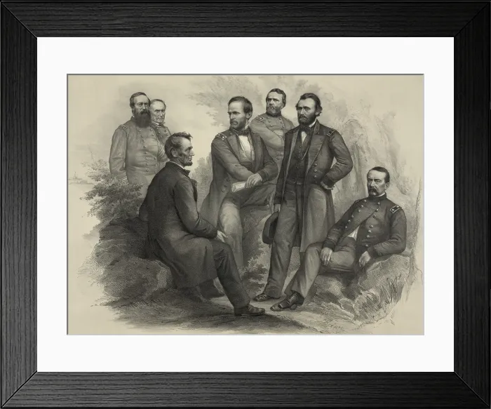 Framed Print : US Civil War. Imagined scene of President Abraham Lincoln sitting on a rock talking with his victorious commanders. From left: Adm. David Porter, Adm Framed Print : US Civil War. Imagined scene of President Abraham Lincoln sitting on a rock talking with his victorious commanders. From left: Adm. David Porter, Adm