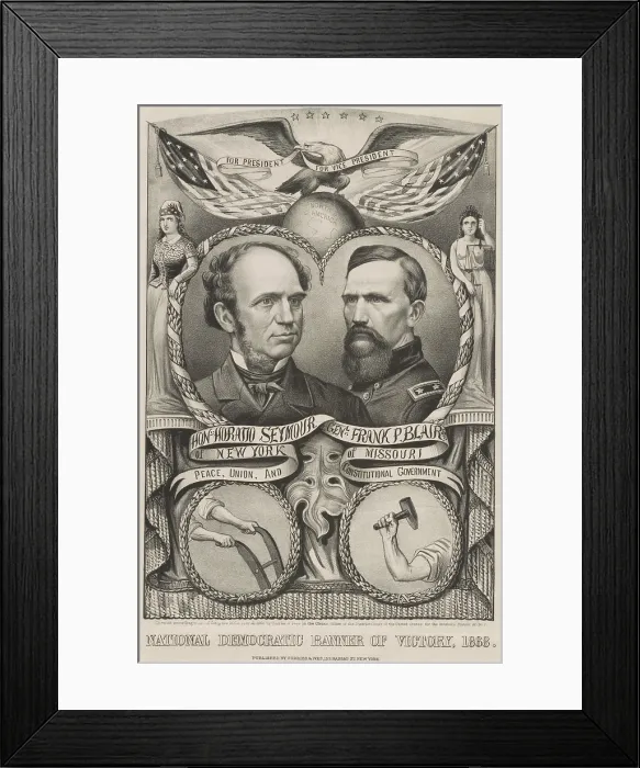 Framed Print : Campaign banner for the 1868 Democratic presidential ticket of Horatio Seymour and his running mate, Preston Blair, Jr