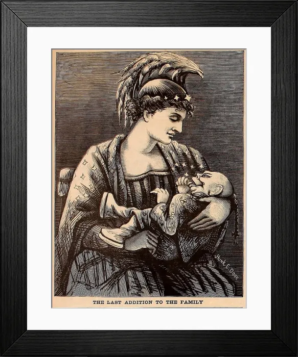Framed Print : The Last Addition to the Family'. 1869 cartoon by Hunk E. Dore, published in Harper's Weekly, Sept. 25, 1869