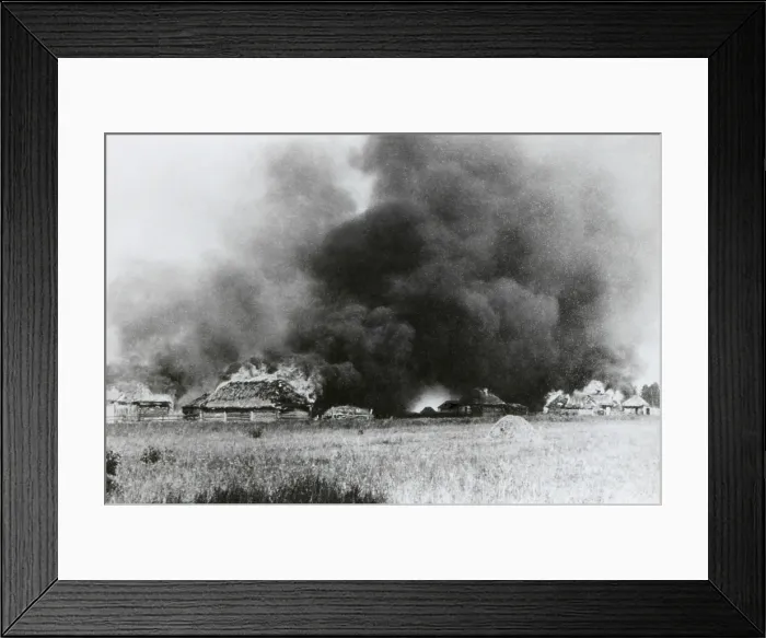 Framed Print : Village on the Densa River in flames during the Nazi invasion of the Soviet Union. August 1941, World War 2. (BSLOC_2014_8_9)