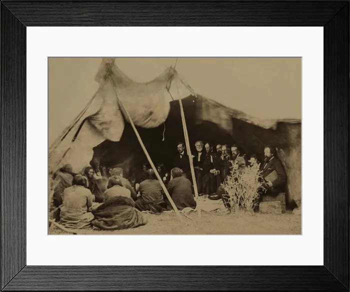 Framed Print : American Sioux Indians and United States Army Commissioners attend a peace council at Fort Laramie, 1868