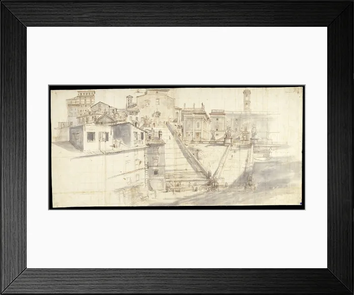 Framed Print : Campidoglio and Aracoeli, by Gaspar Van Wittel detto Gaspare Vanvitelli, 1680, 17th Century, red chalk, pen, ink and sepia on paper painting - Italy, Lazio, Rome