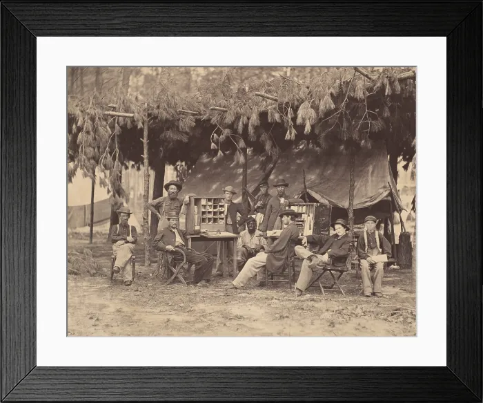 Framed Print : Ambulance Department of the 9th Army Corps, at Petersburg, Virginia, in August 1864. Their outdoor office is sheltered from the sun by canvas and pine branches (BSLOC_2019_2_38) Framed Print : Ambulance Department of the 9th Army Corps, at Petersburg, Virginia, in August 1864. Their outdoor office is sheltered from the sun by canvas and pine branches (BSLOC_2019_2_38)