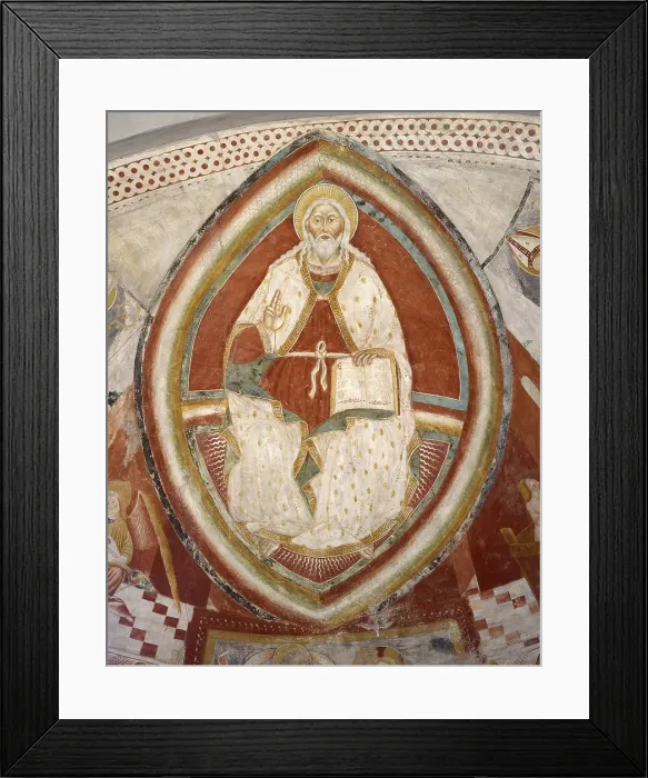 Framed Print : Frescoes of the apse, by Unknown Artist, 15th Century, fresco - Italy, Lombardy, Sesto Calende, Abbey of Saint Donato. Detail. God the father in an almond sitting on a rainbow