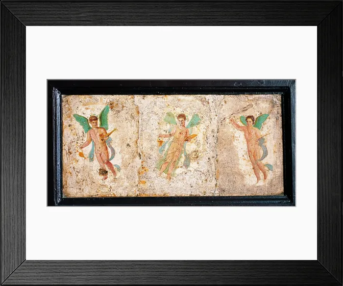Framed Print : Cupids and Psyche, by unknown artist, 10-45, 1st Century A.D. ripped fresco, 17 x 36 cm - Italy, Campania, Naples, National Archaeological Museum, Room LXXVII, inv. 9315
