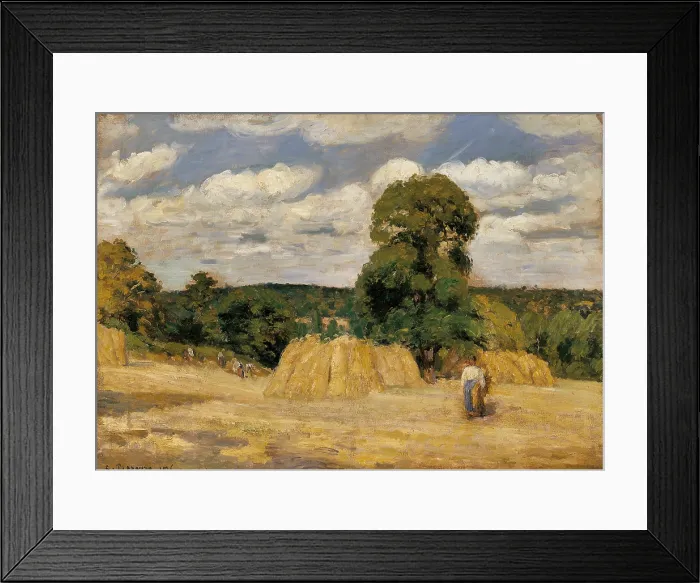 Framed Print : Harvest at Montfoucault, by Camille Pissarro, 1876, 19th Century, oil on canvas - France, Paris, Muse d'Orsay. Whole artwork view. Country landscape with harvest scene