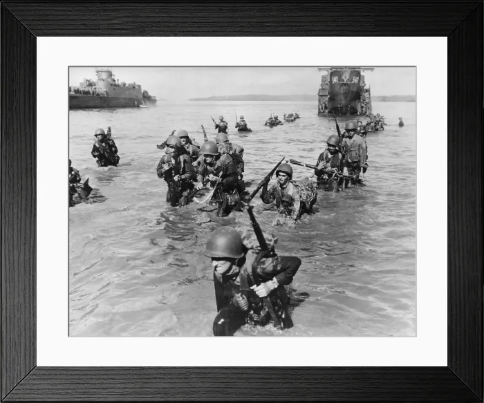 Framed Print : Infantrymen wade ashore in neck-deep water from their LCI's to Morotai Island Beach
